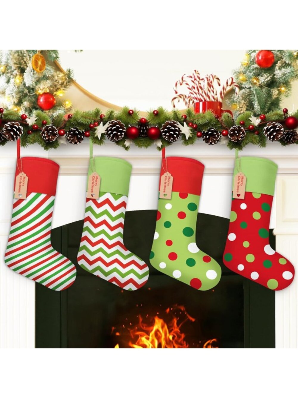4 Pack Large Plush Christmas Stockings 18” Red Green Elf Decor with Name Tags